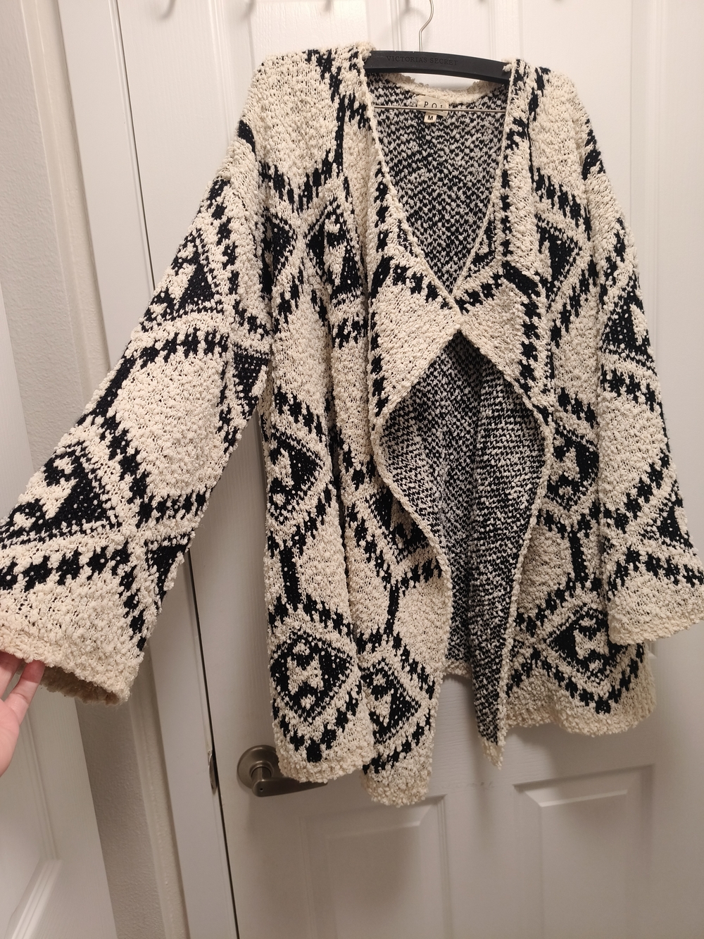 Pol Cozy Open-Front Black & Cream Geometric Sweater Cardigan Boho Cozy - Picture 6 of 9